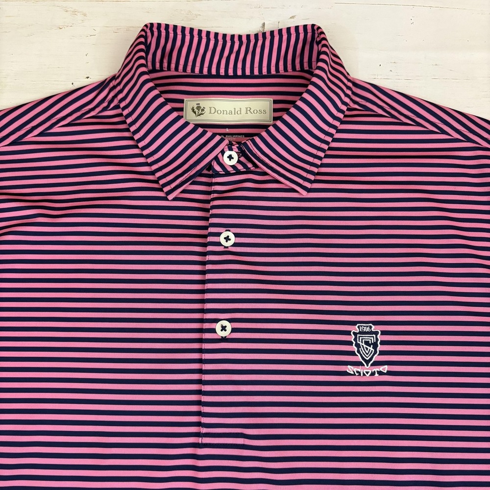 Donald Ross Polo Shirt Mens L Pink Striped Scioto Country Club Golf Short Sleeve
